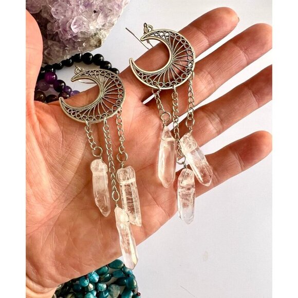 Celestial! Triple Clear Quartz Moon Chandelier Earrings! - Picture 4 of 8